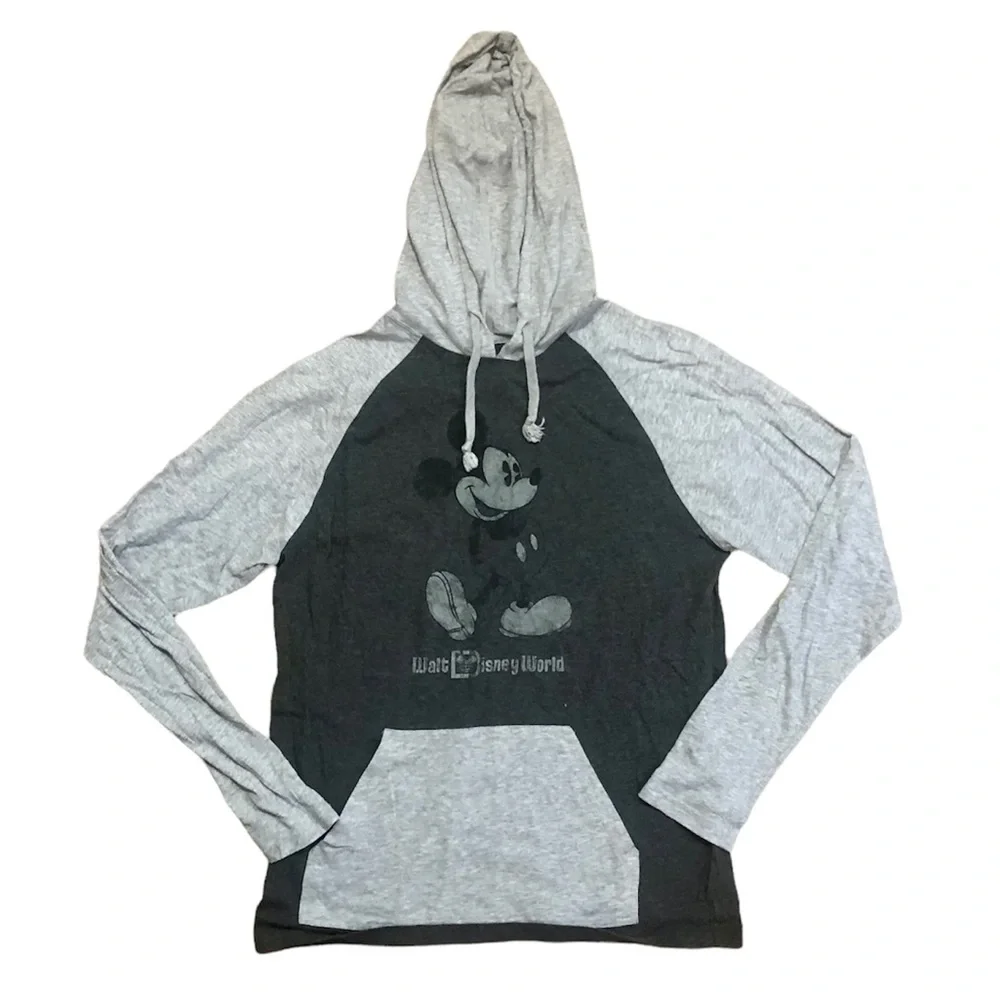 Disney Mickey Mouse grayscale long sleeve hooded baseball t-shirt, medium - Picture 1 of 5